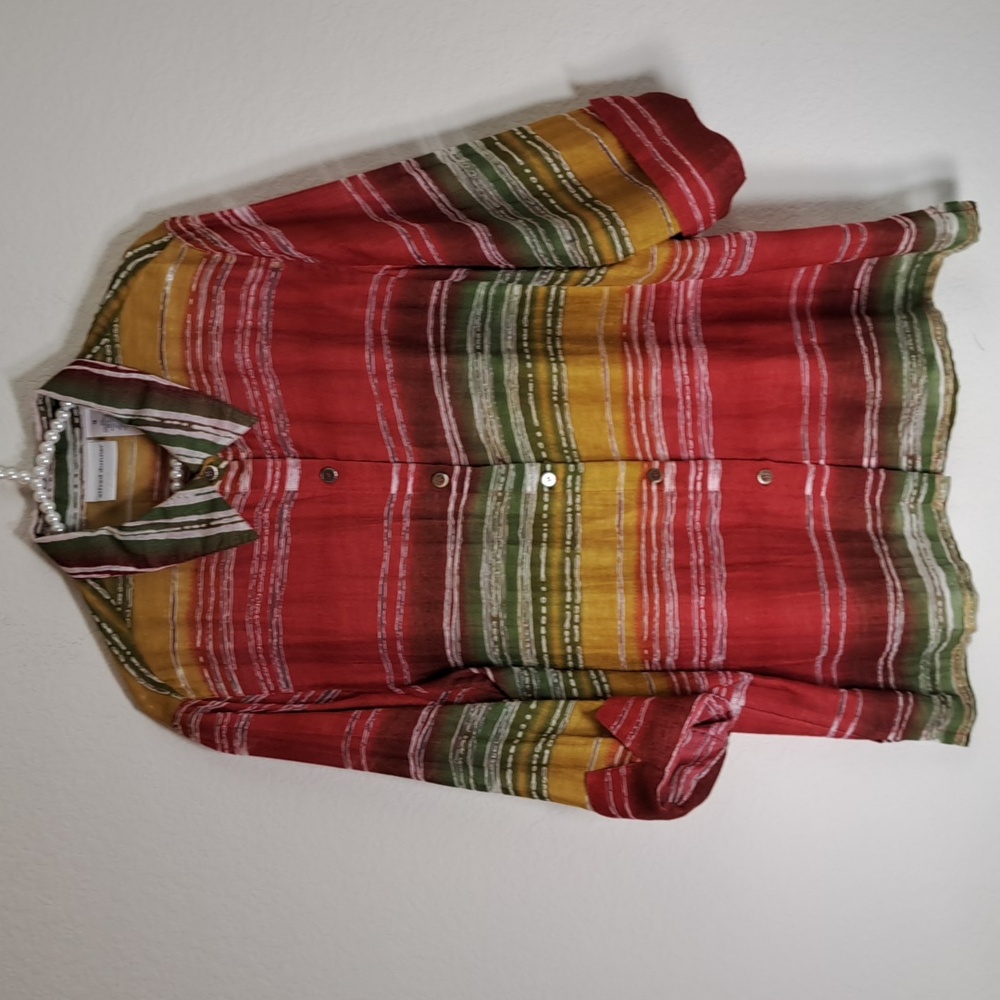 Alfred Dunner Vintage Multi Striped Button Up Shirt Fall Colors 3/4 Sleeve 16
